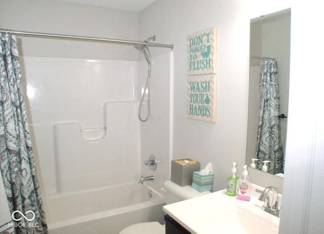 full bathroom with vanity, toilet, and shower / bath combo with shower curtain