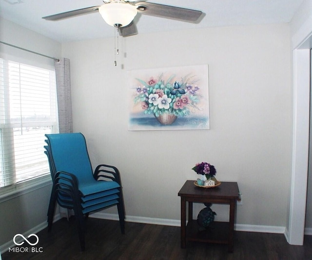 sitting room featuring ceiling fan and dark hardwood / wood-style flooring