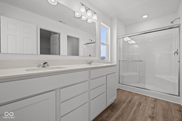 bathroom featuring double vanity, a stall shower, wood finished floors, and a sink