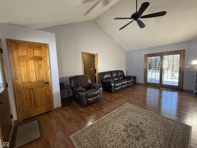 living room with dark wood-type flooring, high vaulted ceiling, and ceiling fan