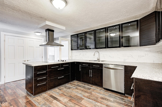 kitchen with hardwood / wood-style floors, island exhaust hood, black electric cooktop, stainless steel dishwasher, and sink