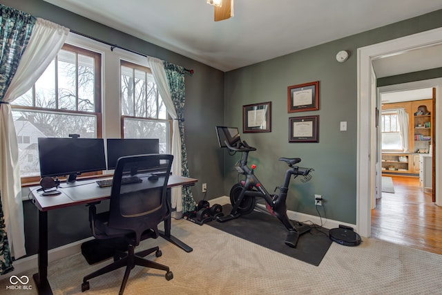 home office with light colored carpet