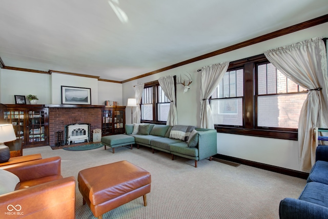 living room with light carpet, a wealth of natural light, and crown molding