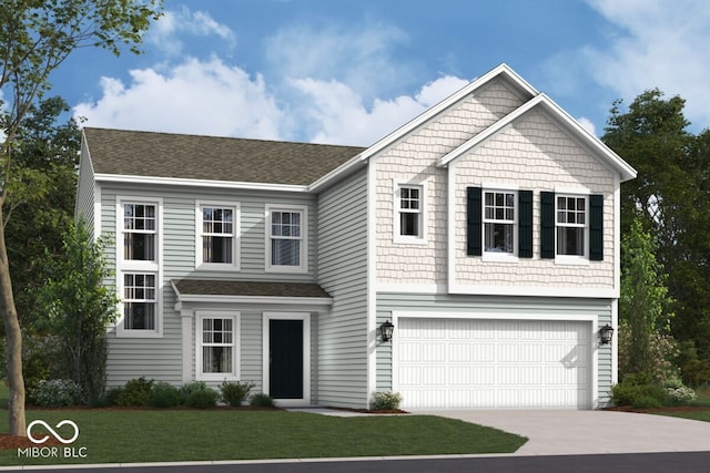 view of front of home with a front lawn and a garage