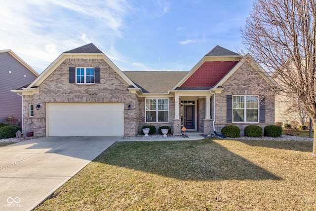 craftsman house featuring a garage, brick siding, concrete driveway, and a front lawn