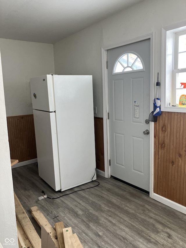 entryway featuring wood-type flooring and wooden walls