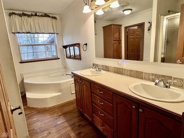 bathroom with wood-type flooring, ornamental molding, a washtub, and vanity