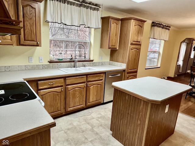 kitchen with sink, custom exhaust hood, stainless steel dishwasher, a kitchen island, and range with electric cooktop