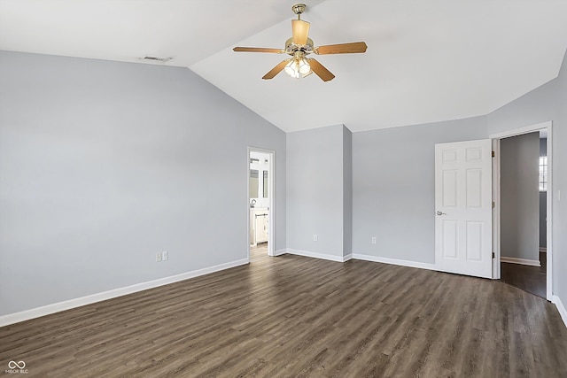 interior space with ceiling fan, dark hardwood / wood-style flooring, and lofted ceiling