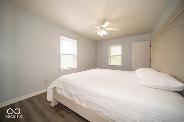 bedroom featuring ceiling fan and dark wood-type flooring