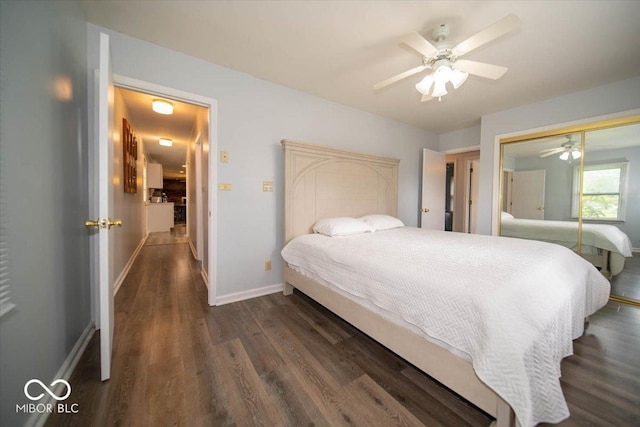 bedroom with ceiling fan, dark hardwood / wood-style flooring, and a closet