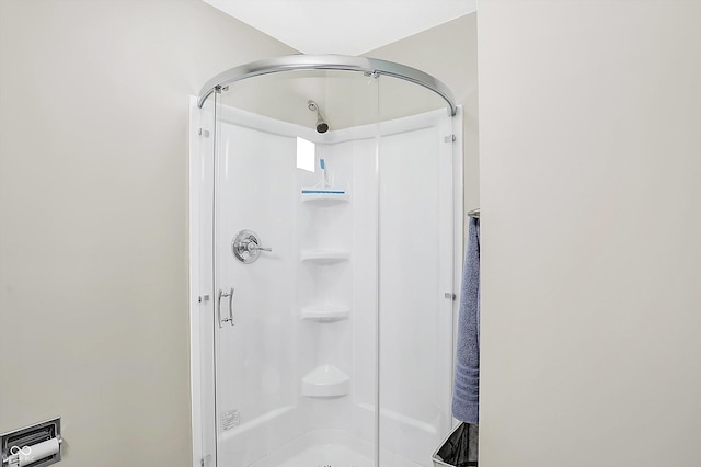 bathroom with a shower with shower door