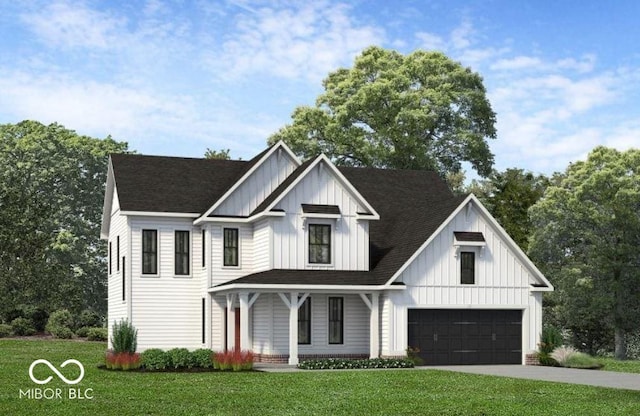 modern farmhouse style home featuring a garage and a front lawn