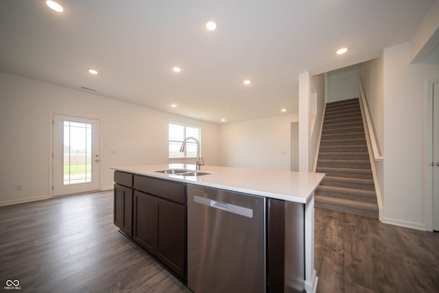 7824 Magnolia St, New Palestine, IN 46163 - kitchen with dishwasher, dark wood-type flooring, recessed lighting, light countertops, and dark brown cabinetry
