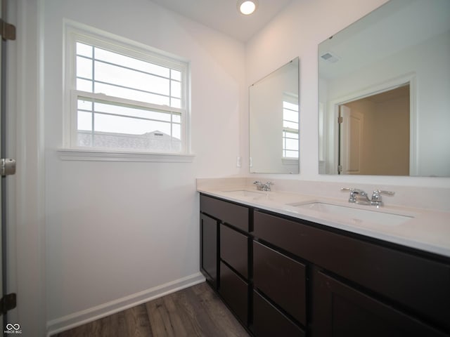 7824 Magnolia St, New Palestine, IN 46163 - full bathroom featuring double vanity, healthy amount of natural light, and wood finished floors