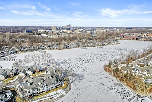 drone / aerial view featuring a water view