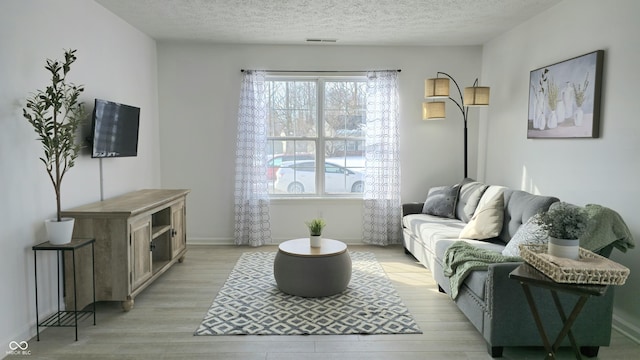 living room featuring a textured ceiling and light hardwood / wood-style flooring