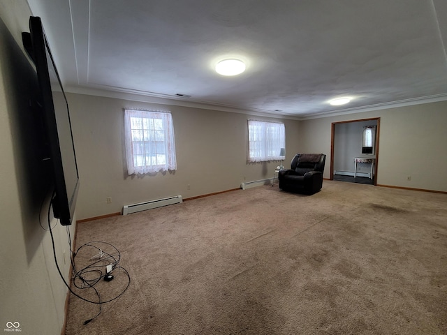 unfurnished room with carpet flooring, crown molding, and a baseboard radiator