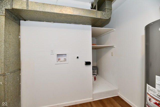 laundry room with water heater, wood-type flooring, hookup for a washing machine, and electric dryer hookup