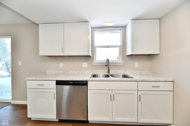 kitchen with sink, white cabinetry, stainless steel dishwasher, and a wealth of natural light