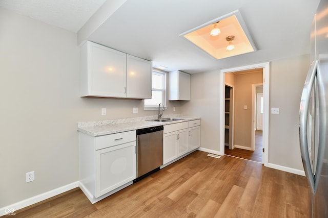 kitchen with white cabinets, light wood-type flooring, sink, and stainless steel appliances