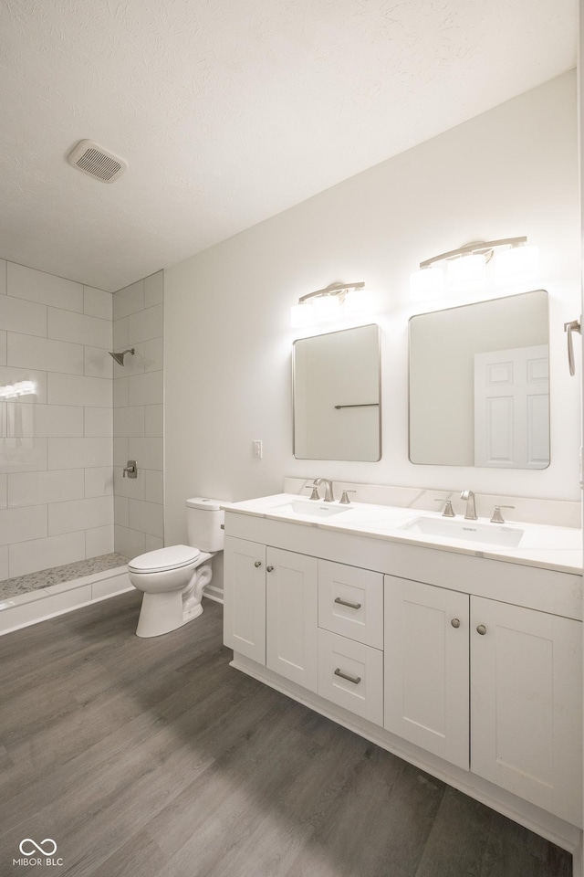 303 Doe Creek Dr, Cloverdale, IN 46120 - full bathroom with toilet, tiled shower, wood finished floors, and double vanity