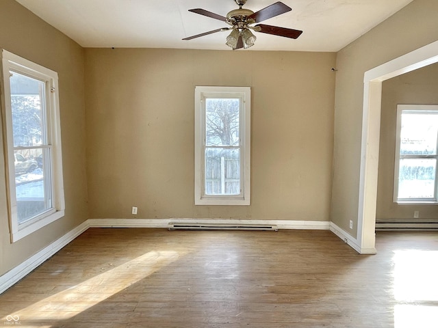 empty room featuring a healthy amount of sunlight, light hardwood / wood-style flooring, and a baseboard heating unit