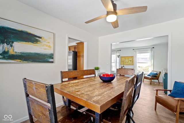 dining area with ceiling fan and light wood-type flooring