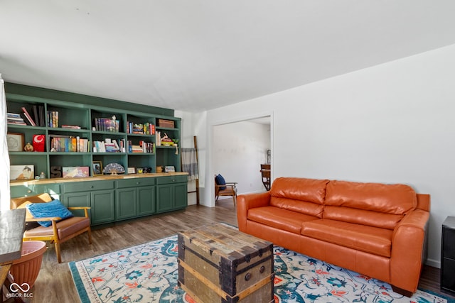 living room with dark hardwood / wood-style flooring