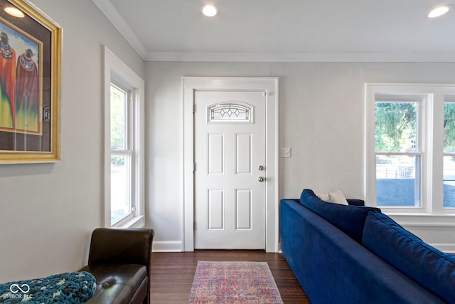 foyer with crown molding and dark wood-type flooring