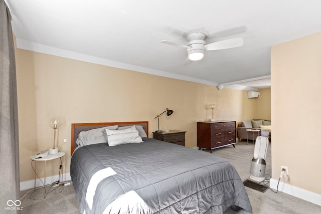 bedroom featuring ceiling fan, crown molding, light carpet, and a wall mounted AC