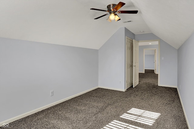 386 White Oak Ln, Greenwood, IN 46142 - bonus room featuring lofted ceiling, visible vents, ceiling fan, carpet floors, and baseboards