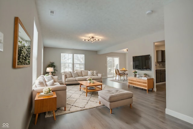 living room featuring wood-type flooring and a textured ceiling