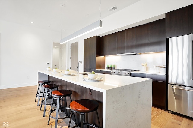 kitchen with sink, a breakfast bar area, premium appliances, a center island with sink, and light hardwood / wood-style flooring