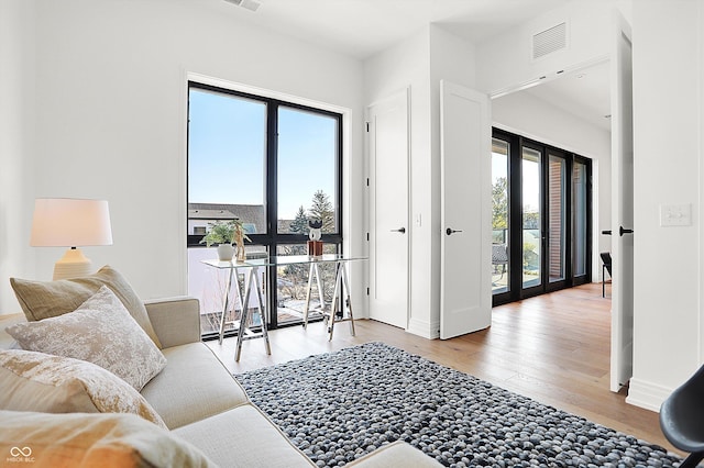 living room featuring wood-type flooring and french doors