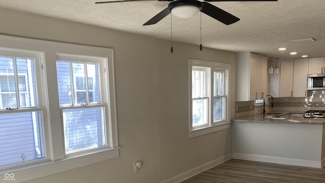 kitchen featuring light stone counters, plenty of natural light, sink, and a textured ceiling