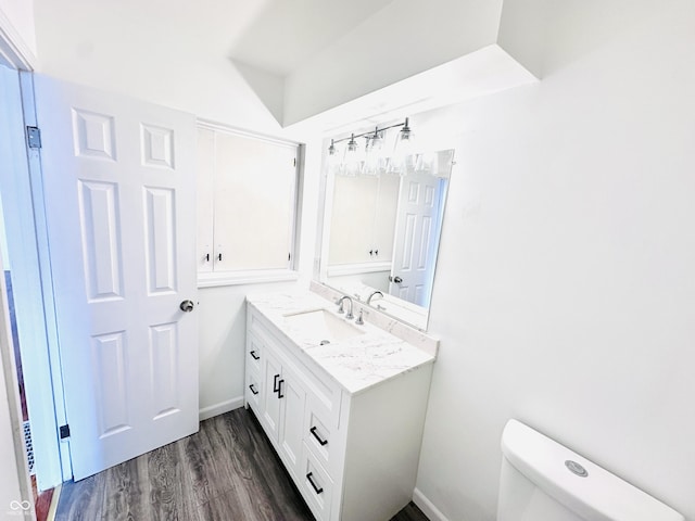 bathroom featuring toilet, vanity, and hardwood / wood-style flooring