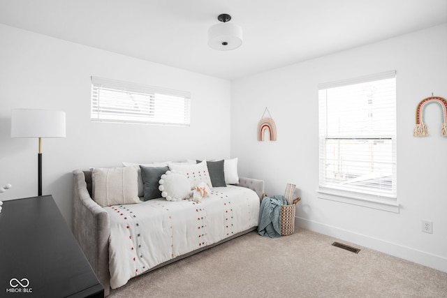 bedroom featuring multiple windows and carpet flooring