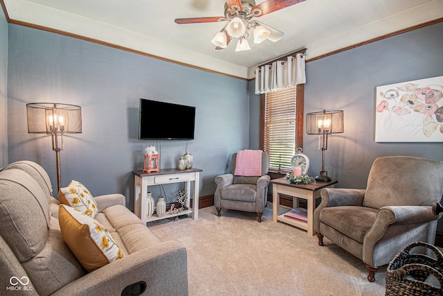 carpeted living room with ceiling fan