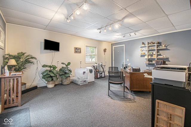 carpeted office with ornamental molding