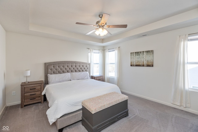 bedroom with carpet flooring, a raised ceiling, and multiple windows