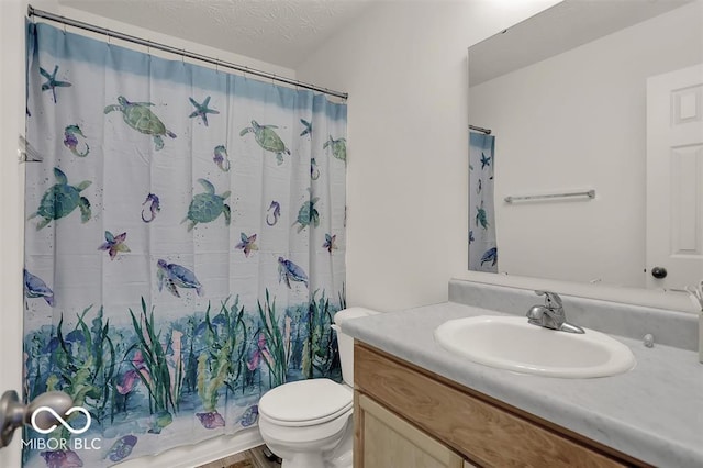 full bathroom featuring a textured ceiling, toilet, vanity, and shower / bathtub combination with curtain