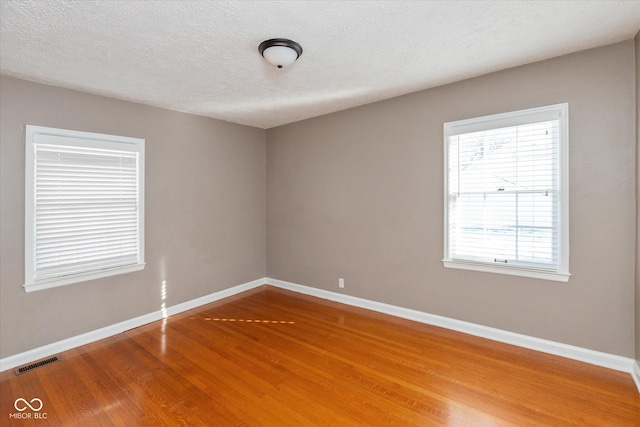 spare room with a textured ceiling, plenty of natural light, and wood-type flooring