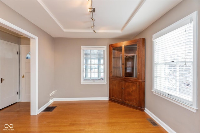 unfurnished dining area with light hardwood / wood-style floors, a tray ceiling, and track lighting