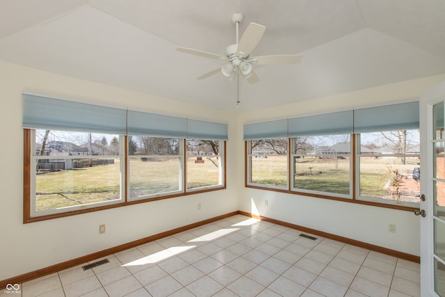 unfurnished sunroom with visible vents, plenty of natural light, and vaulted ceiling