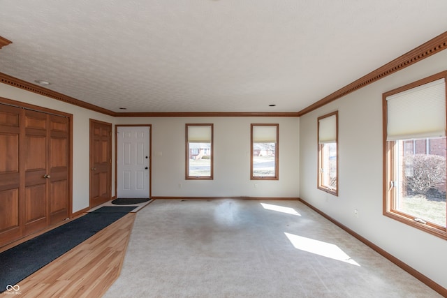 foyer with light colored carpet, baseboards, a textured ceiling, and ornamental molding