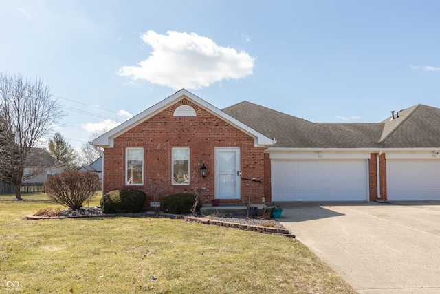 ranch-style home with brick siding, an attached garage, a front yard, roof with shingles, and driveway