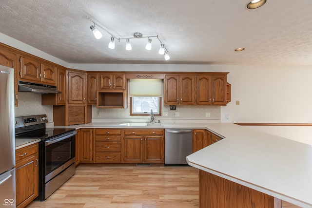 kitchen featuring under cabinet range hood, light wood-style flooring, a peninsula, stainless steel appliances, and a sink