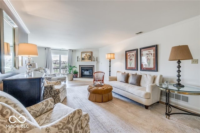 living room with crown molding