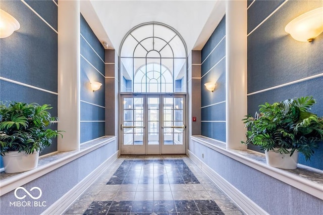 doorway featuring french doors and built in features